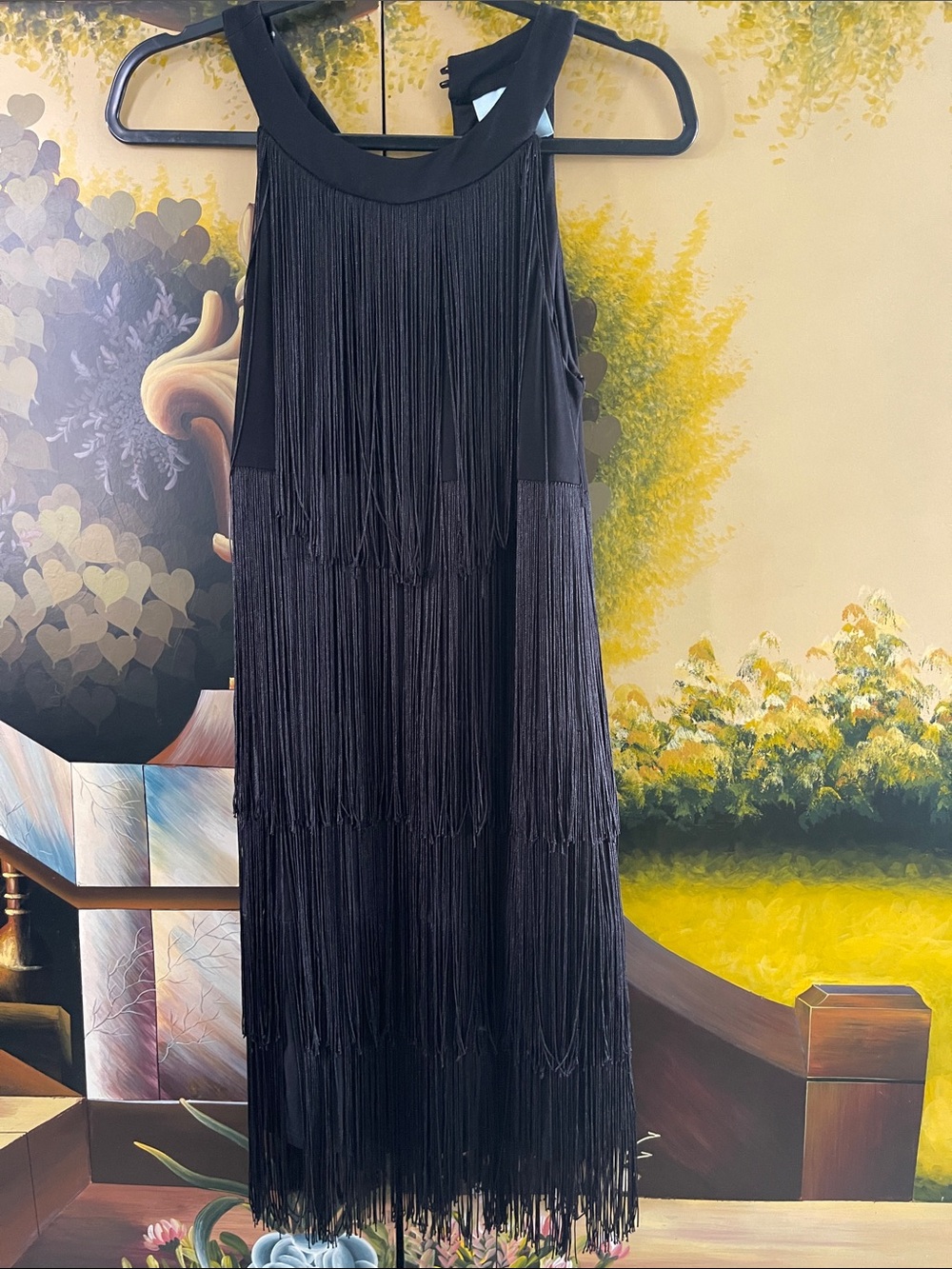 Sleeveless Black Fringe Midi Dress